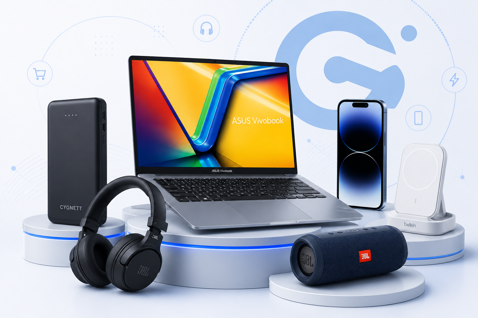 PlanetGizmo product showcase — laptop, phone, headphones, speaker and charging accessories